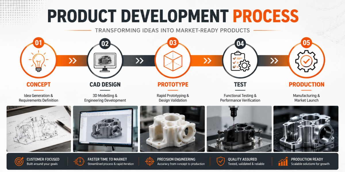 Product Development Process — concept, CAD design, prototype, test, production