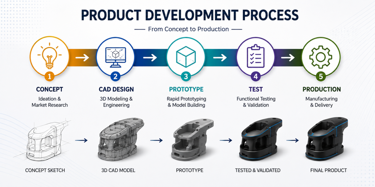 Product Development Process — concept, CAD design, prototype, test, production